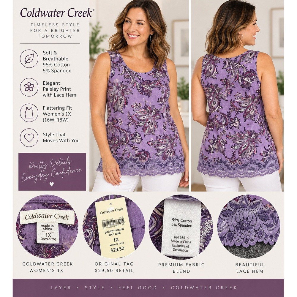 Coldwater Creek Purple Paisley Printed Lace Trim Tank Top Womens 1X NWT